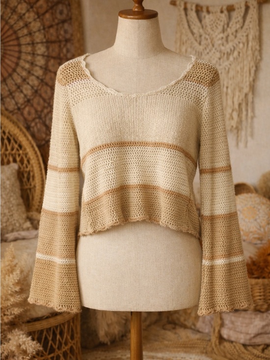 Pink Rose Sweaters - Pink Rose Cream Crochet Hippie Boho Y2K Flare Sleeved Sweater M